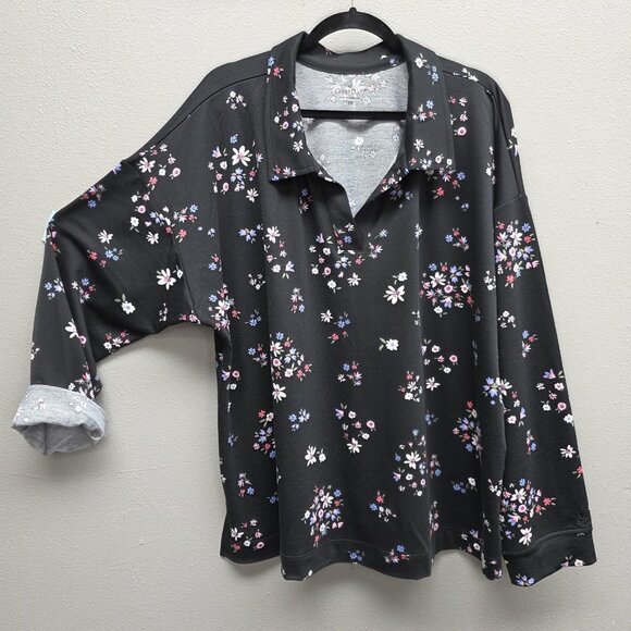Cuddl Duds Shirt Womens 3X Black Ditsy Floral Collared Tunic Long Sleeve Stretch - Picture 1 of 10